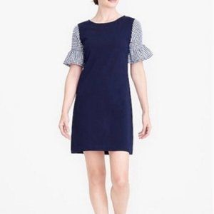J. Crew Navy Dress with Gingham Sleeves- large